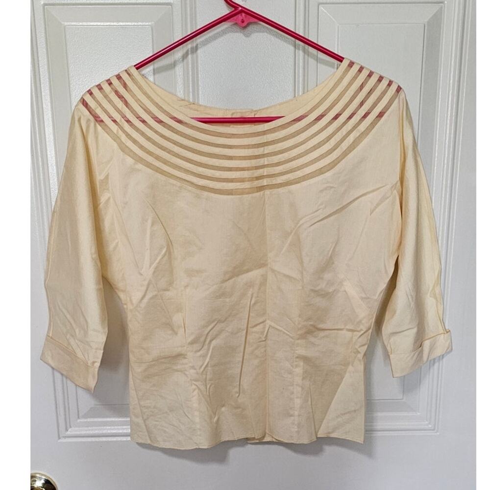 Vintage 1950s Style Pale Yellow Blouse with Sheer Lattice Illusion Neckline